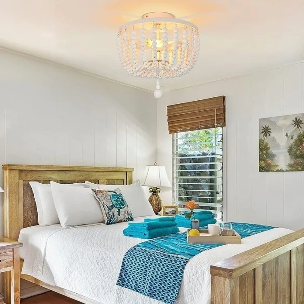 Boho Wood Bead Chandelier White Style Hanging Light Fixture Bohemia 12x13